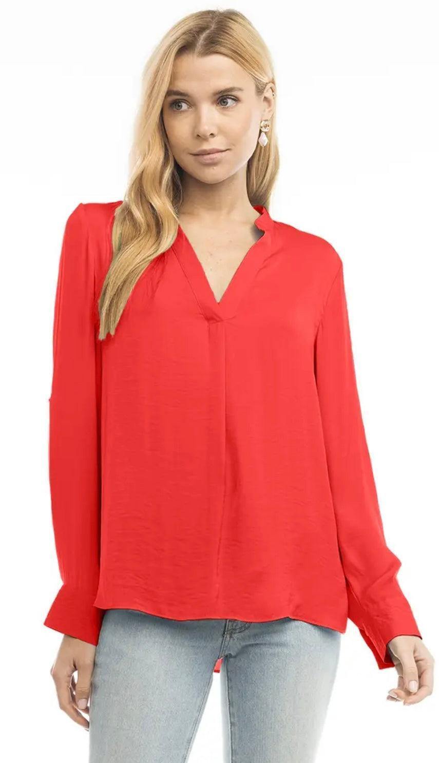 red roll sleeve top- tres chic boutique