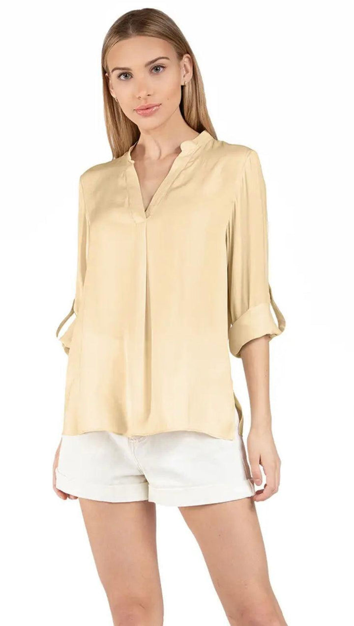 tan roll sleeve top- tres chic houston