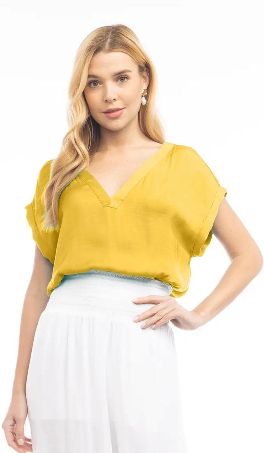 yellow deep v silky top -tres chic