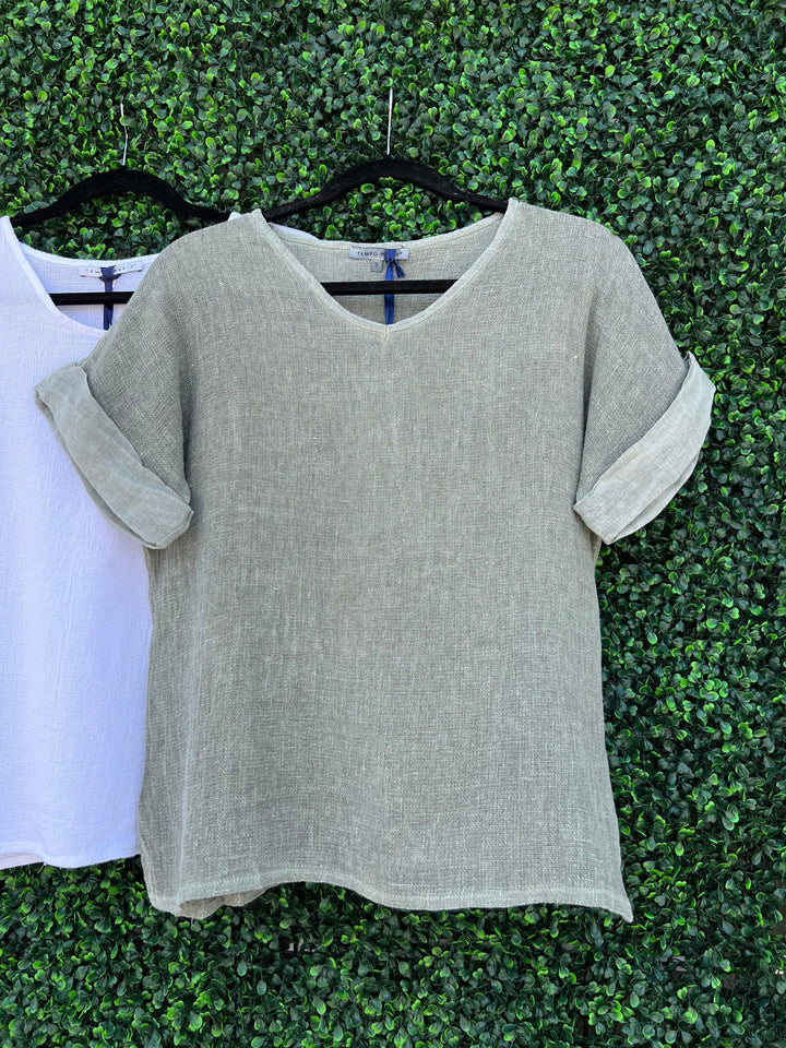 olive green woven top with split hem sides from the quality brand Tempo Paris