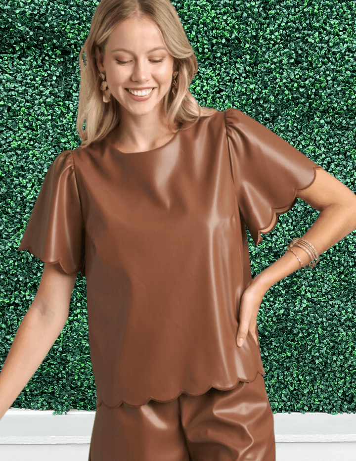 umgee brand faux leather blouse short sleeve brown tres chic boutique
