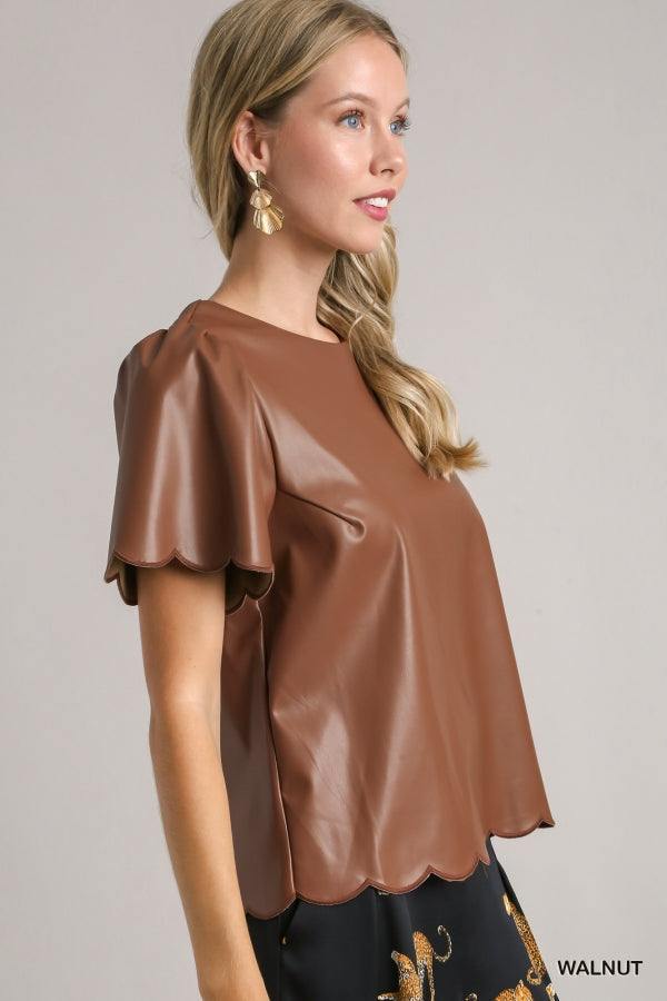 umgee brand faux leather blouse short sleeve brown tres chic boutique