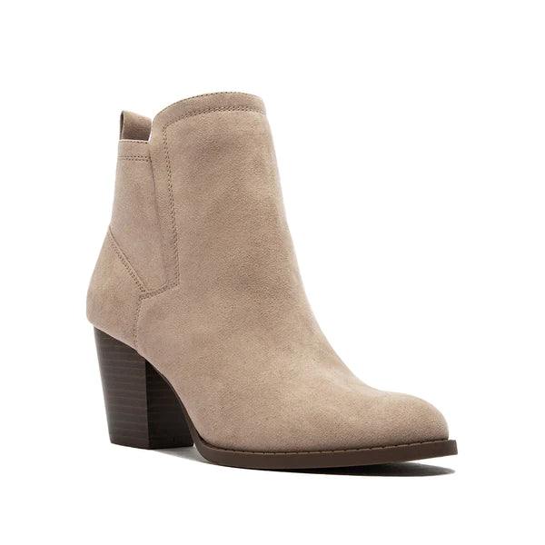taupe fall faux suede booties with short block heel tres chic boutique