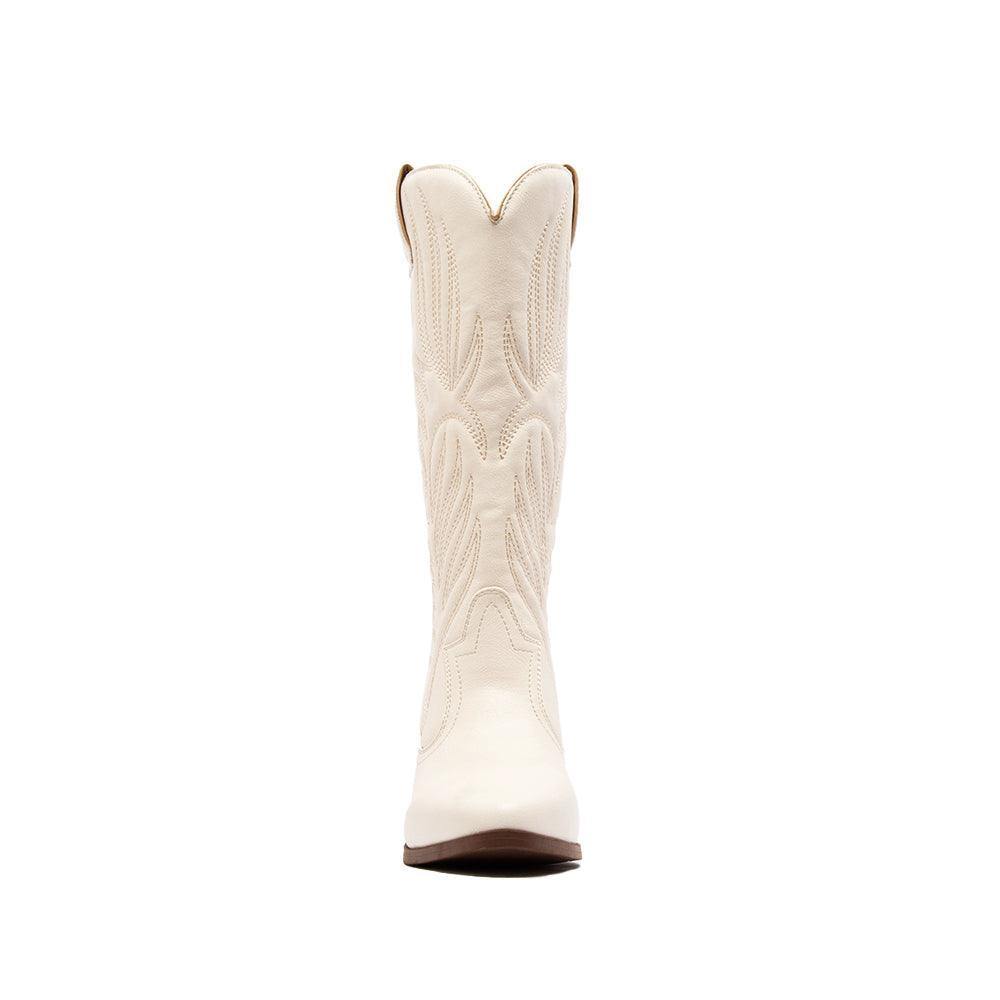 white and brown heel pointed toe calf high boot