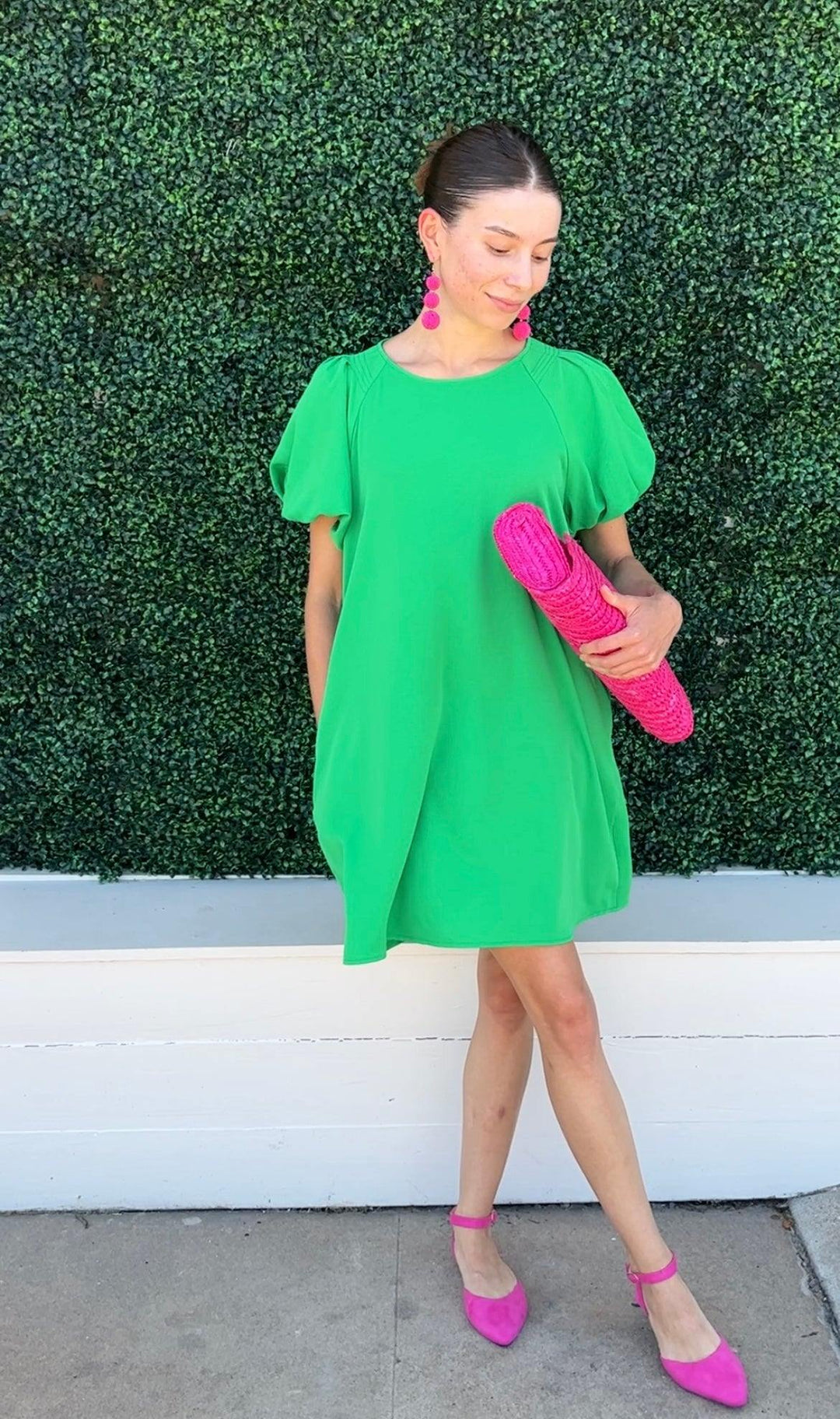 green dress with pink heels Green Ruched Dress, Pink Blazer