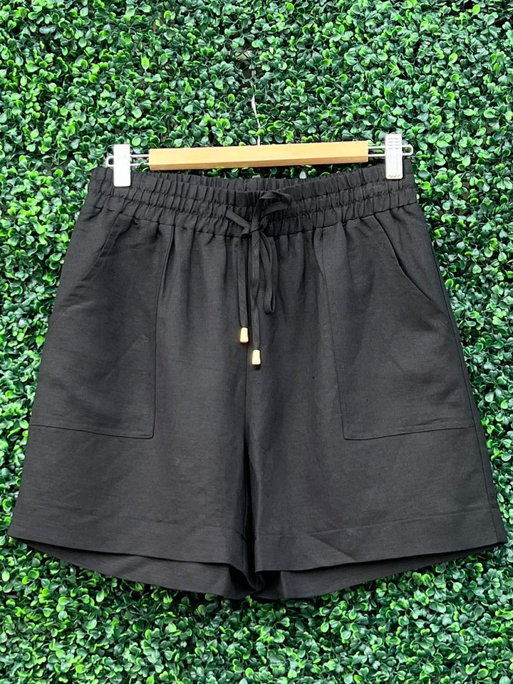 Black linen draw string shorts with pockets
