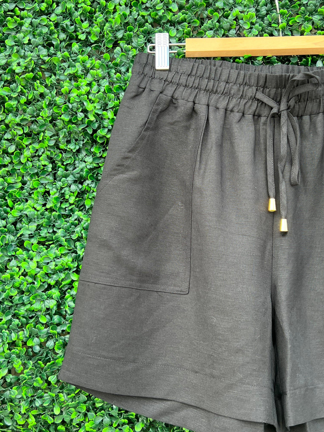 Close up of the linen fabric of these light weight shorts