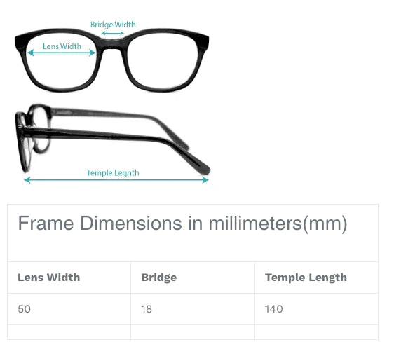 online glasses with width, bridge, temple length