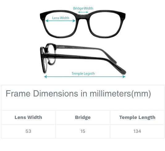 online glasses with width, bridge, temple length