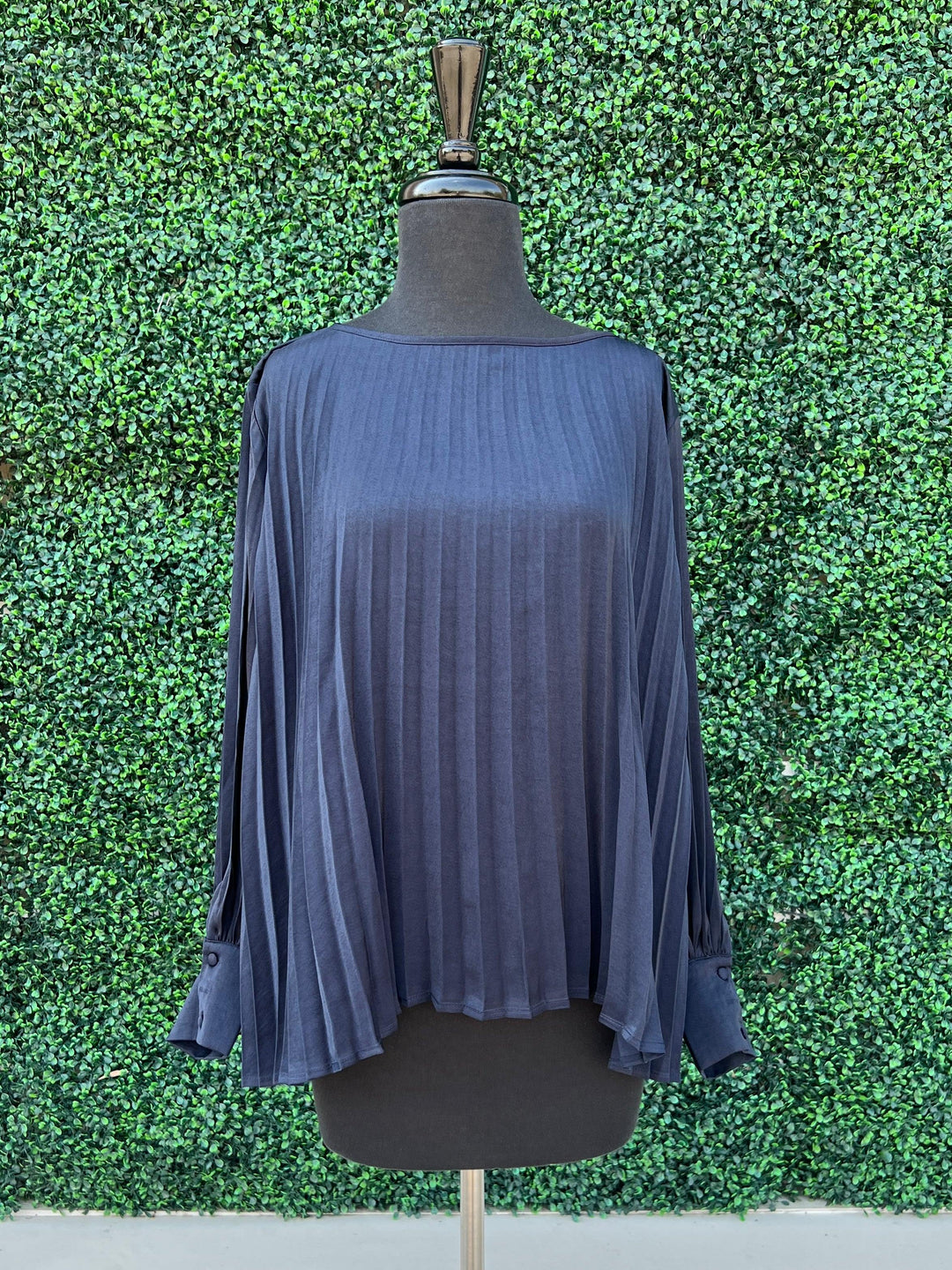 Navy pleated long sleeve blouse before you collection tres chic boutique