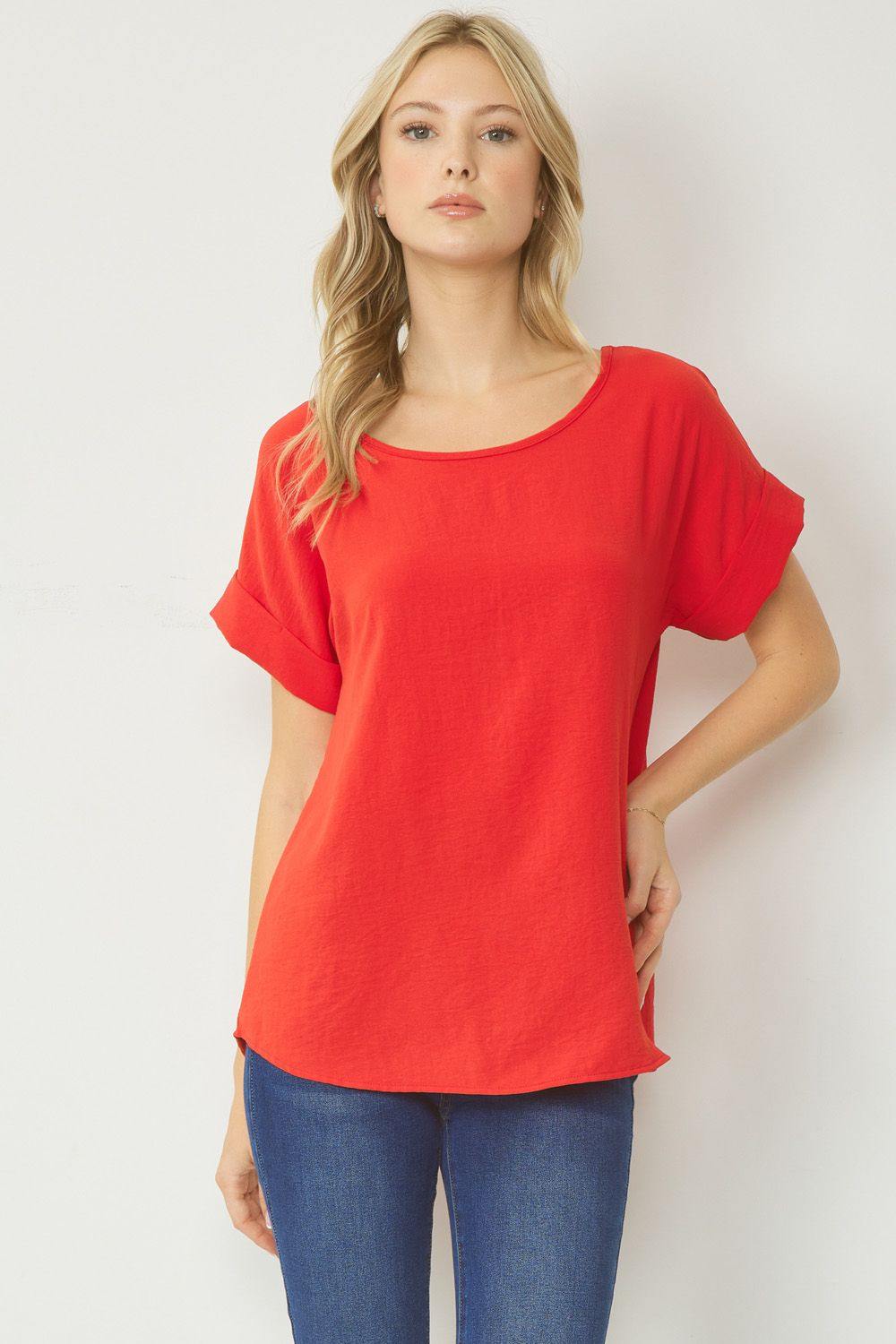 entro clothing brand boutique cuff sleeve scoop neck red