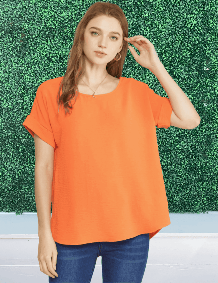 entro clothing brand boutique cuff sleeve scoop neck orange