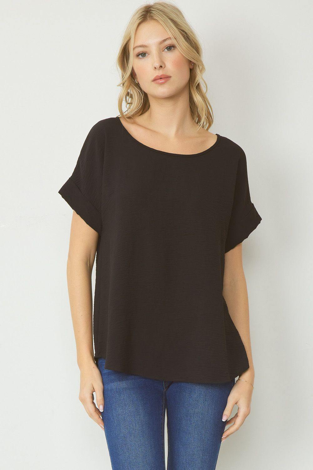 entro clothing brand boutique cuff sleeve scoop neck black