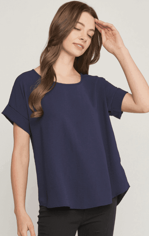 entro clothing brand boutique cuff sleeve scoop neck navy