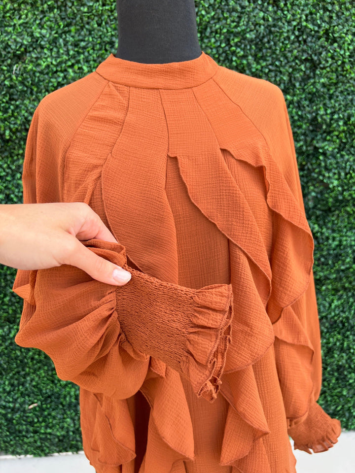 vertical ruffle blouse rust womens boutique