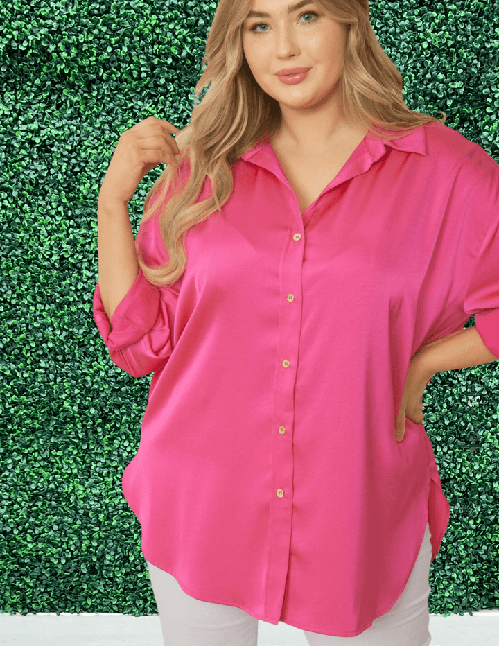 Long-sleeved collared button down satin blouse Plus boutique hot pink