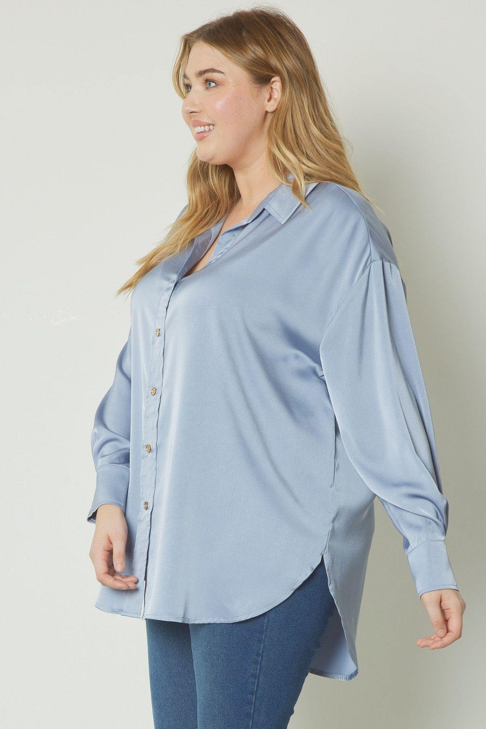 Long-sleeved collared button down satin  blouse Plus boutique blue