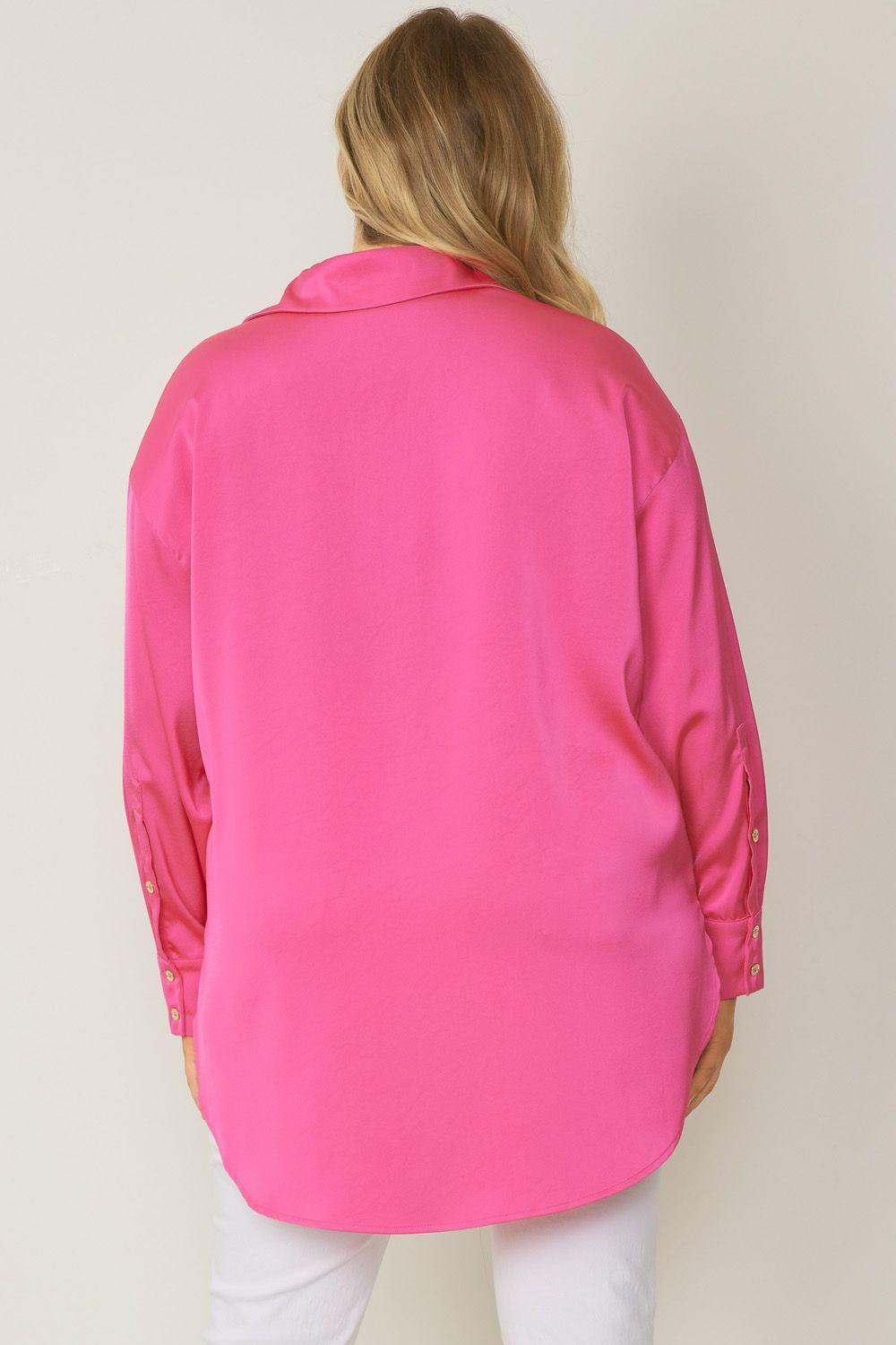 Long-sleeved collared button down satin  blouse Plus boutique hot pink