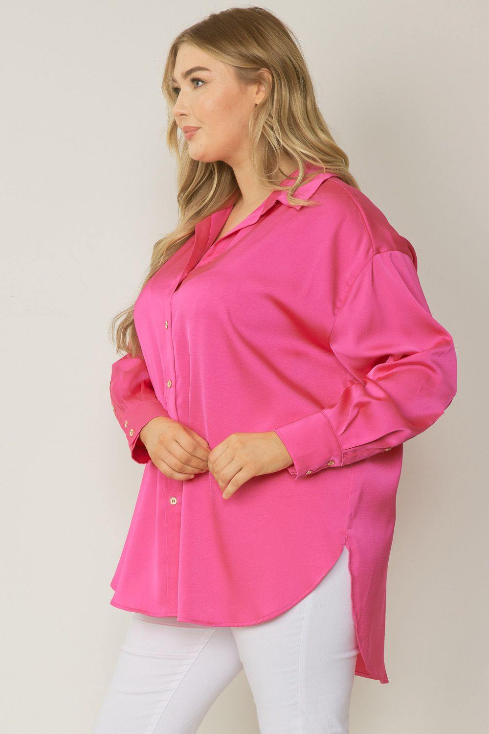 Long-sleeved collared button down satin  blouse Plus boutique hot pink
