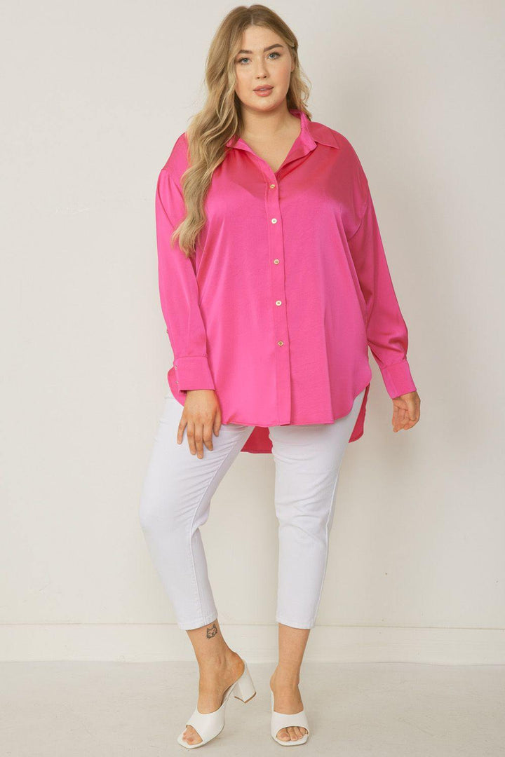 pink Long-sleeved collared button down satin  blouse Plus boutique 