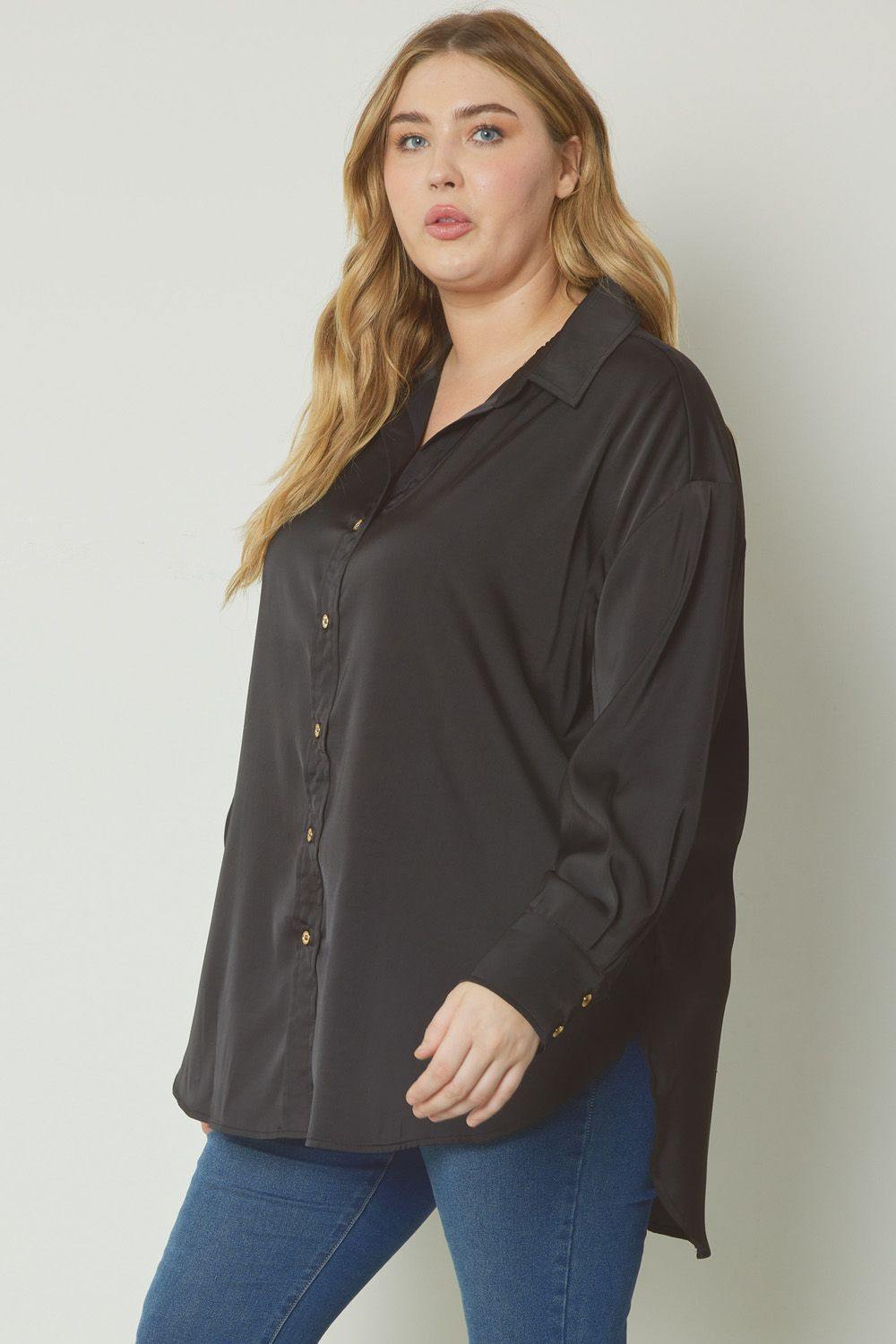 black Long-sleeved collared button down satin  blouse Plus boutique 