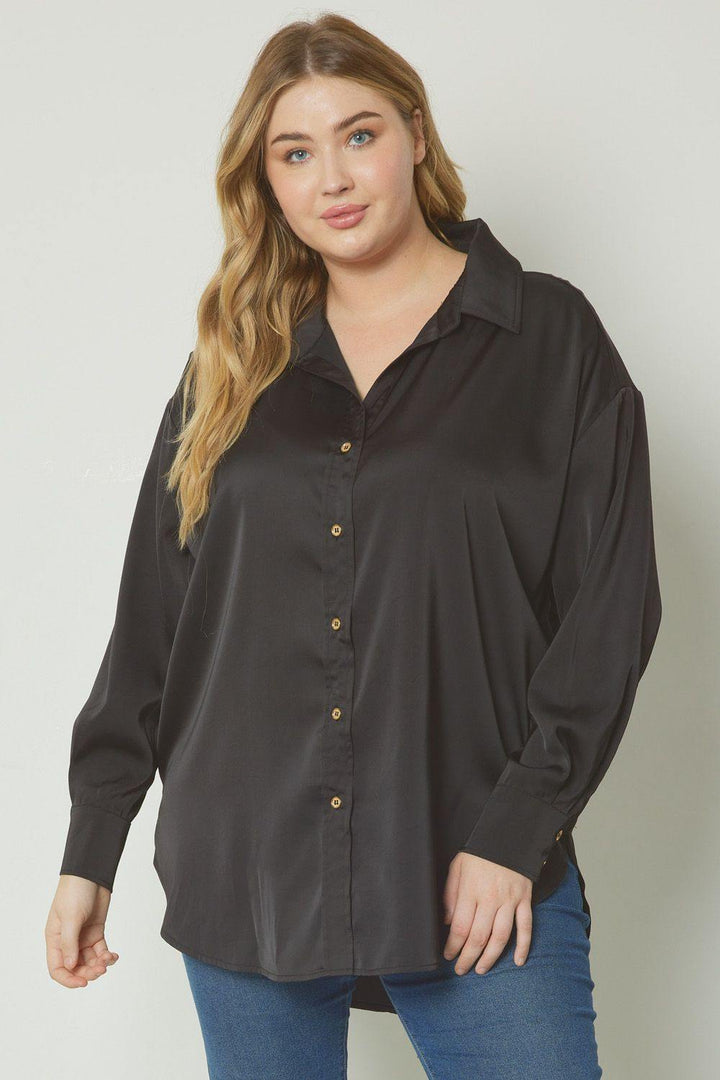 Long-sleeved collared button down satin  blouse Plus boutique black