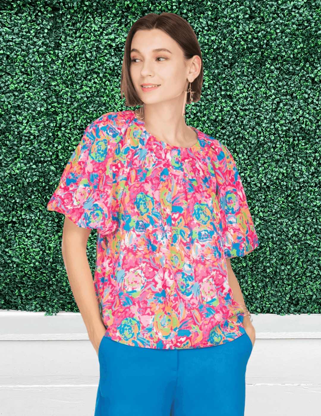 Painted Peonies Pleated Puff Top