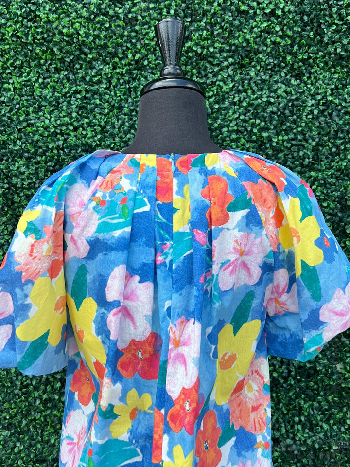 100% cotton jade melody tam puff sleeve top boutique floral blue yellow pink
