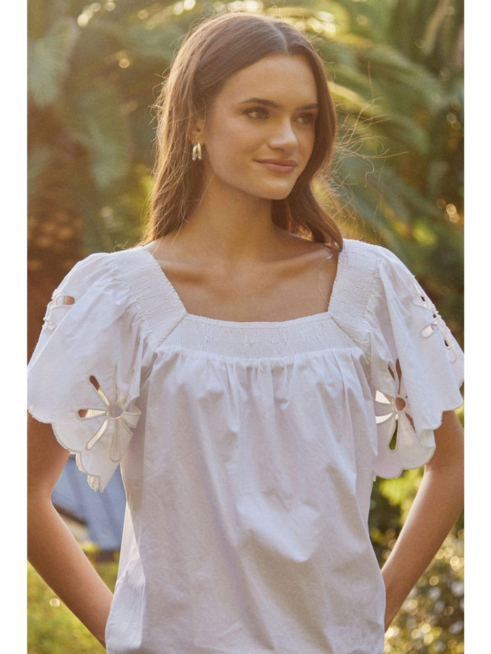white Flower Cutout Cotton Top square neck jodifl brand online boutique