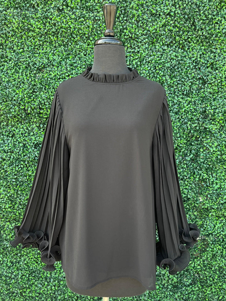 Ruffle Pleat Long Sleeve Blouse evening blouse black tres chic boutique
