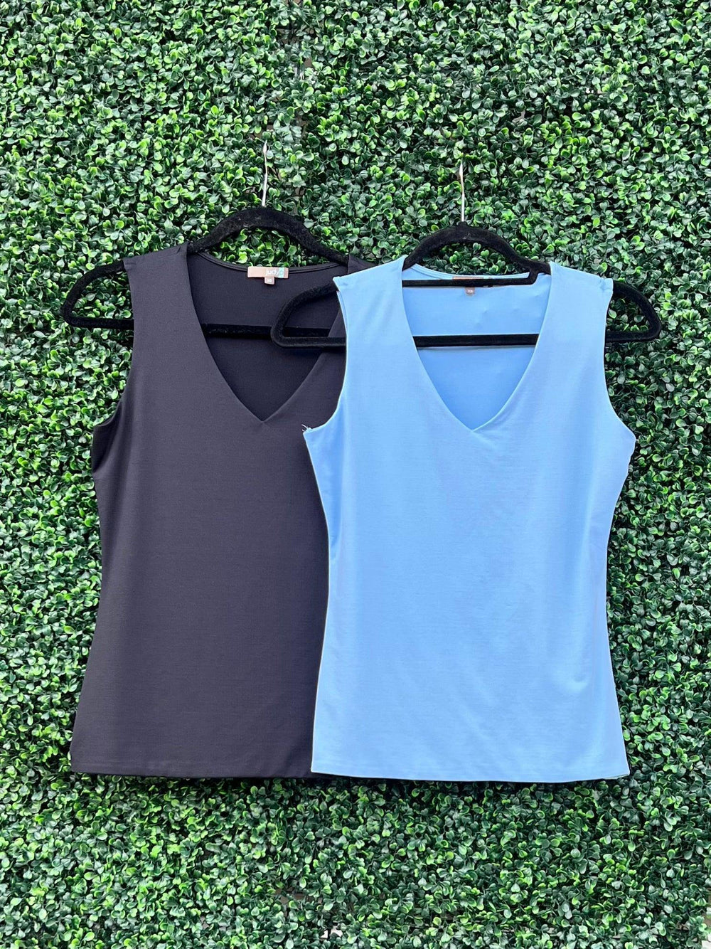 Black and light blue tank tops from tres chic boutique
