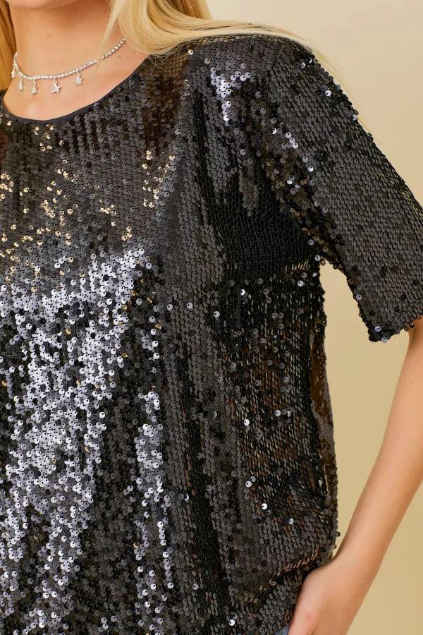 mainstrip brand sequin oversized t shirt new years holiday dressy cocktail shirt black