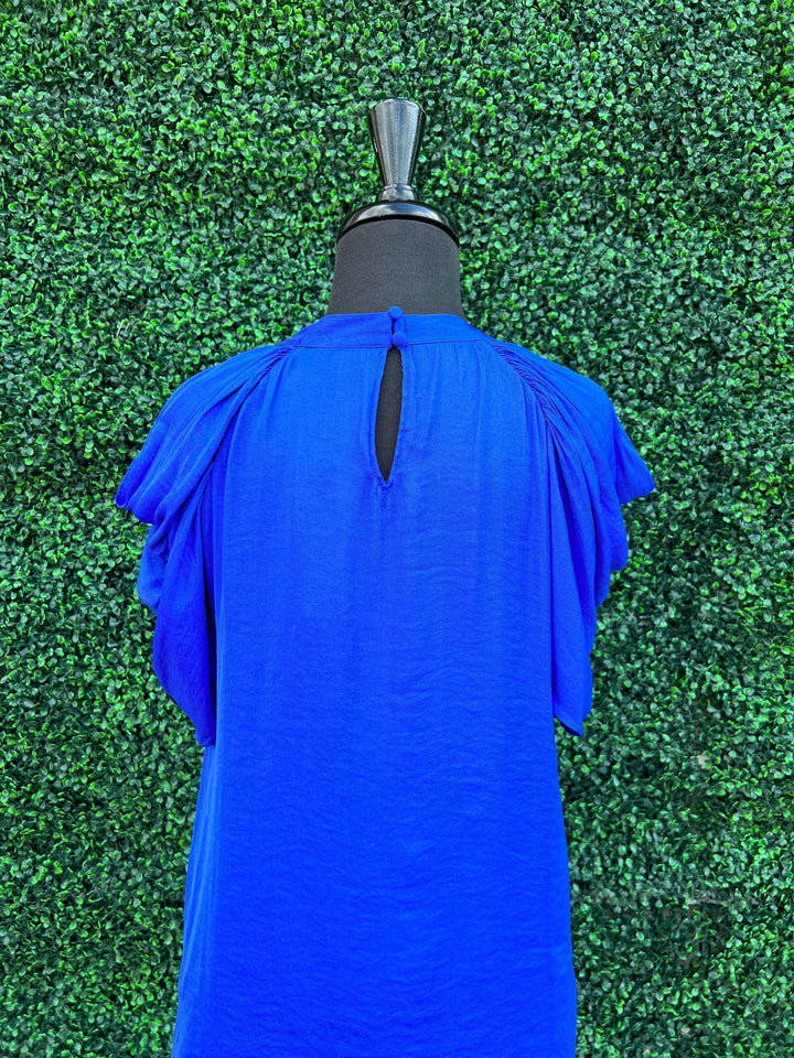 drapped puff sleeve silky bright blue top boutique near me