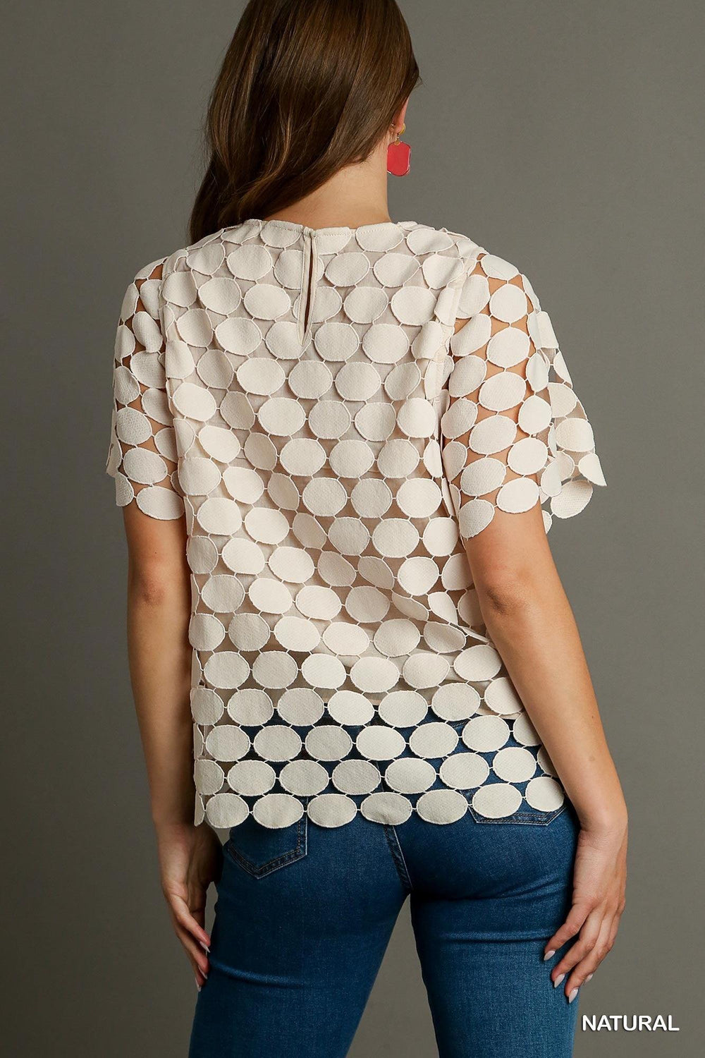Polka Dot Lace Shift Boxy Cut Short Sleeve Top with Back Button Keyhole