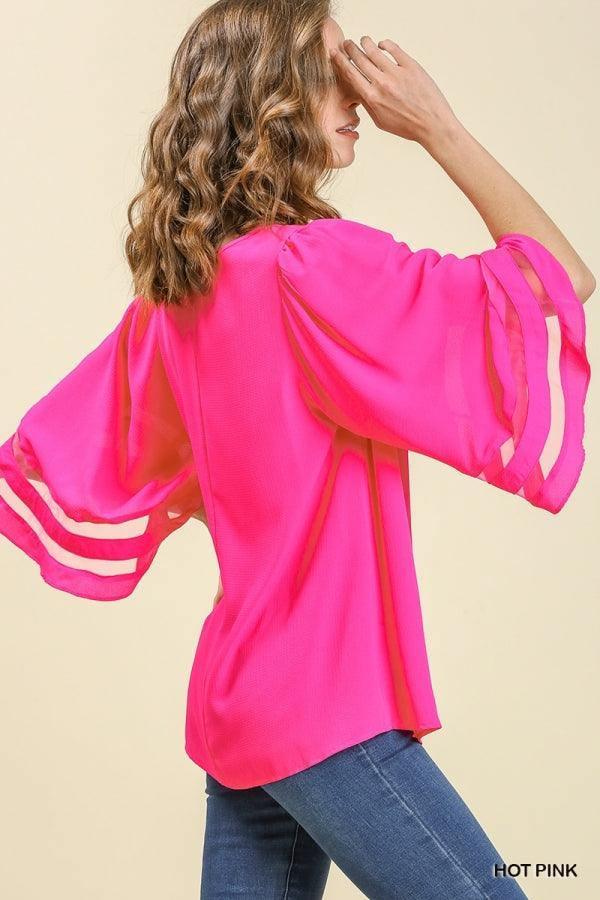 hot pink bell sleeve fiesta top covers arms tres chic houston