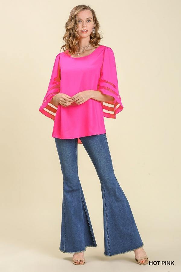 hot pink bell sleeve fiesta top covers arms tres chic houston