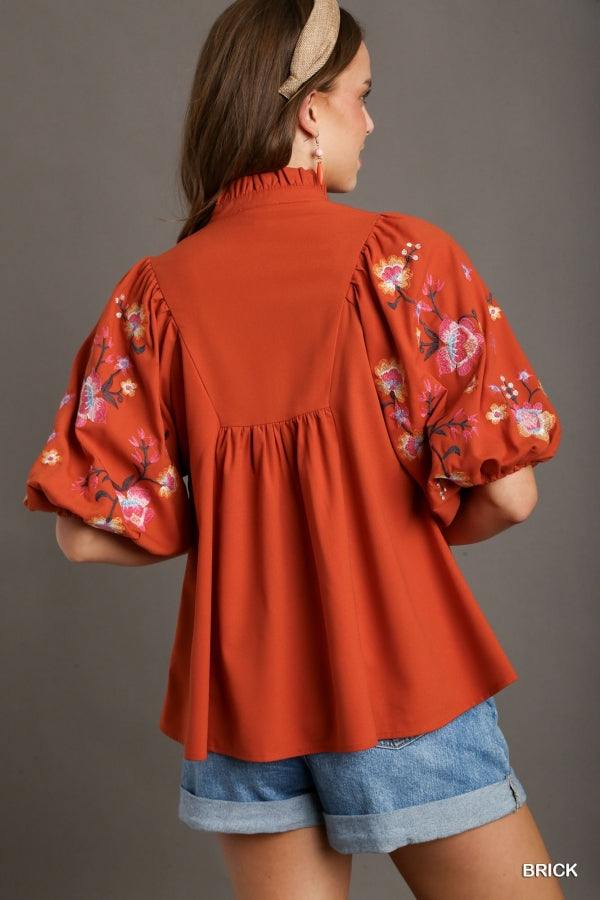 Umgee brand Burnt Orange Embroidered Blouse game day boutique