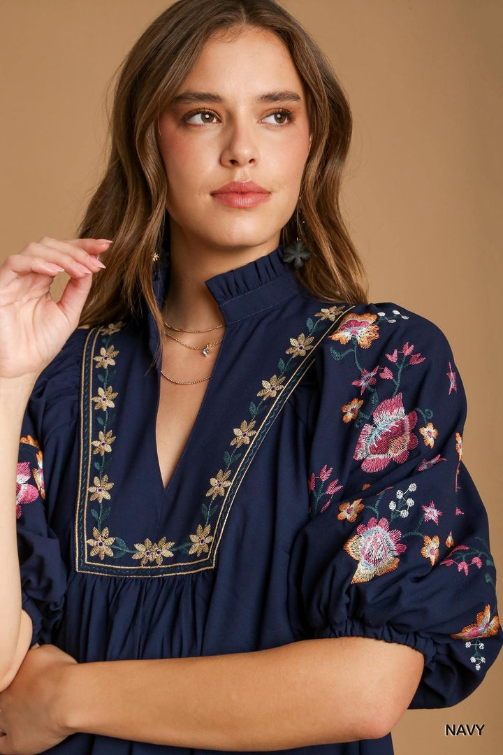 Ruffle Neck Embroidered Blouse