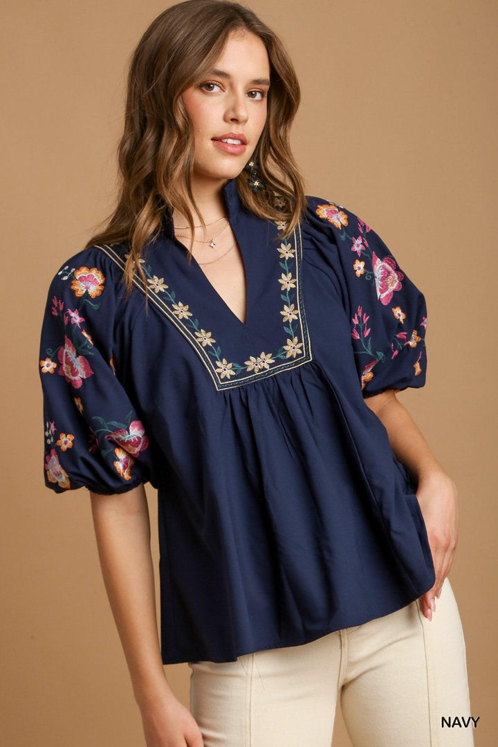 Ruffle Neck Embroidered Blouse