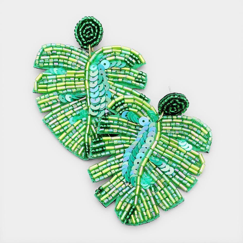 Sequin Beaded Palm Leaf Earrings - Très Chic