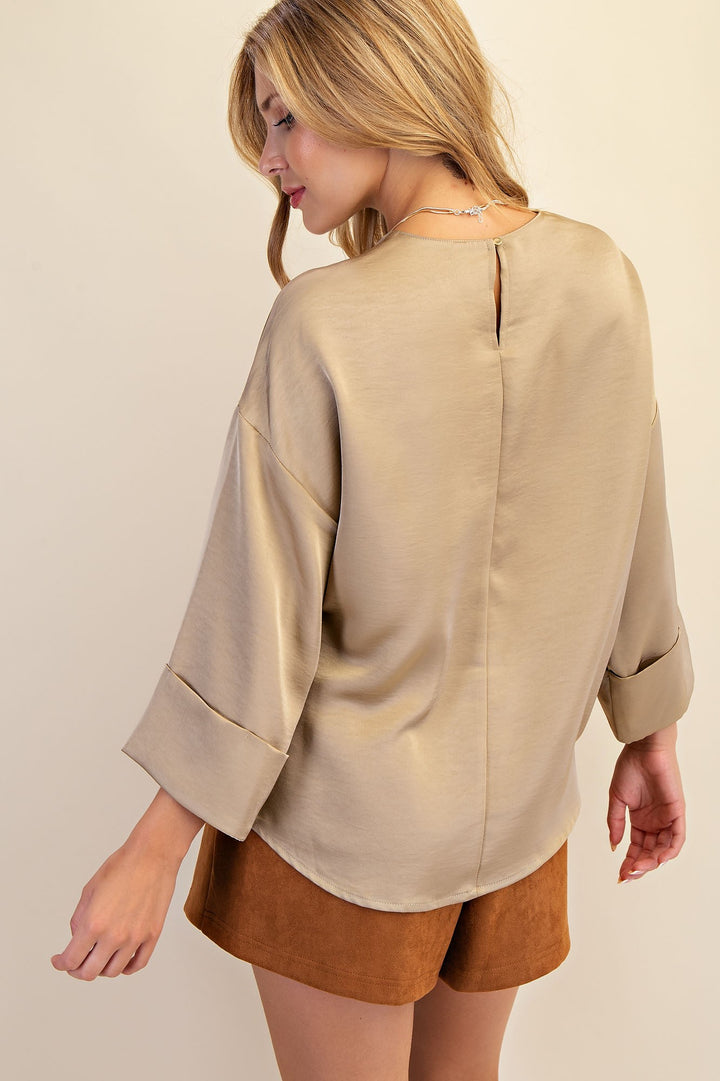 taupe Satin Wide Cuffed Sleeve Top Women Boutique Elevated Basics 