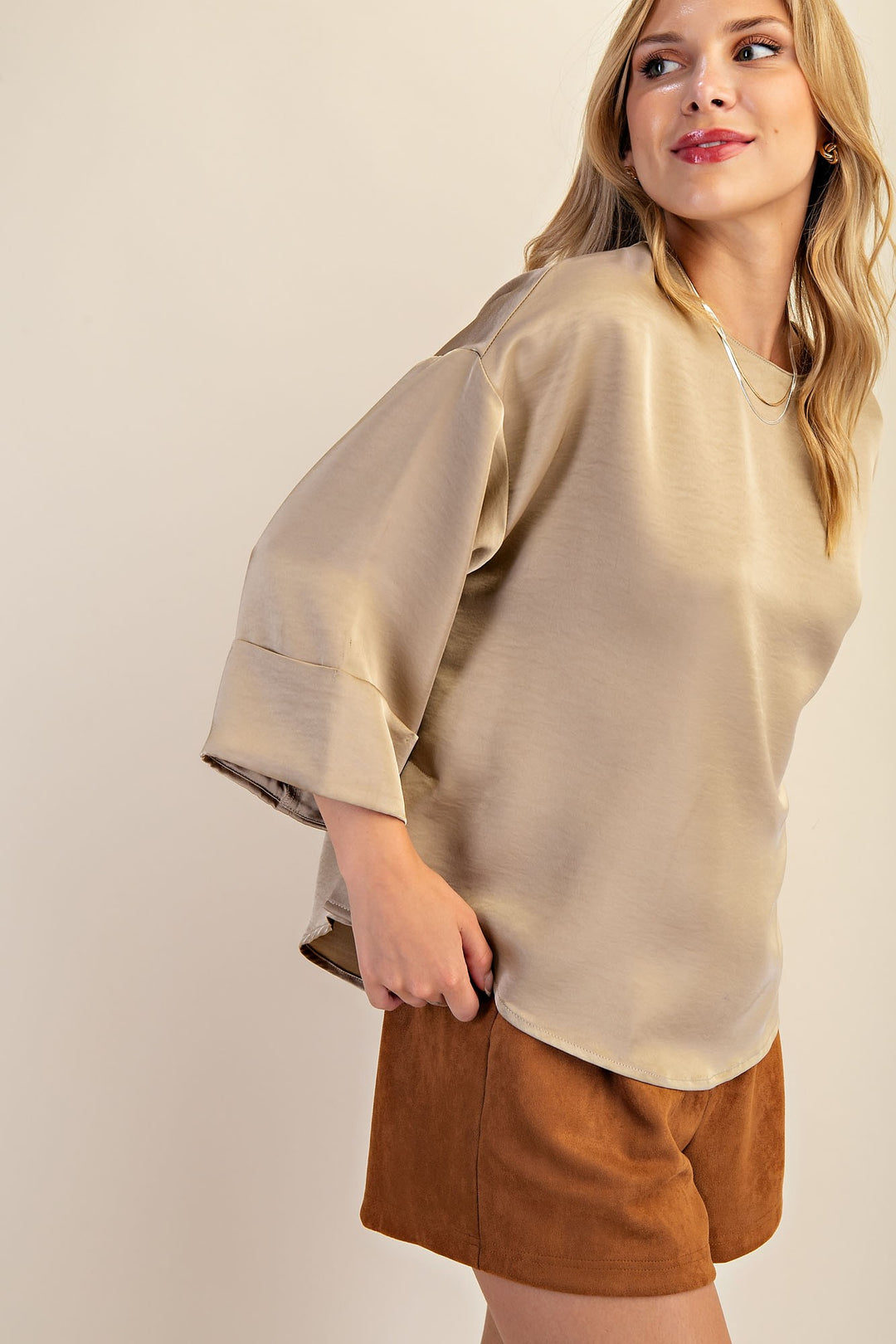 taupe Satin Wide Cuffed Sleeve Top Women Boutique Elevated Basics 