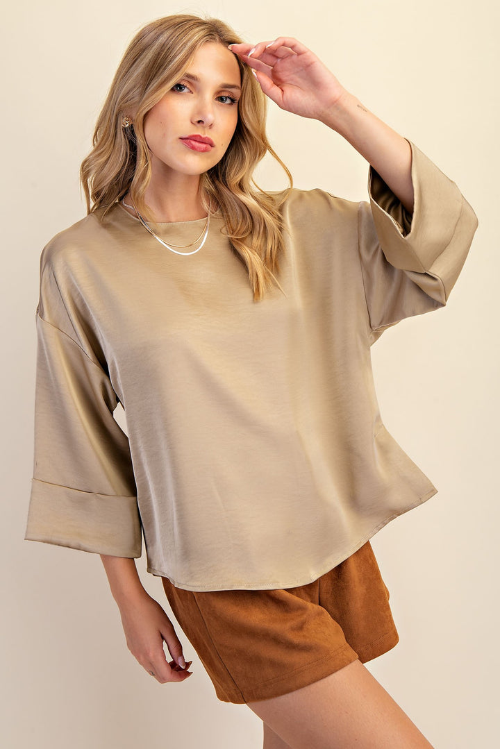 taupe Satin Wide Cuffed Sleeve long sleeve Top Women Boutique Elevated Basics 