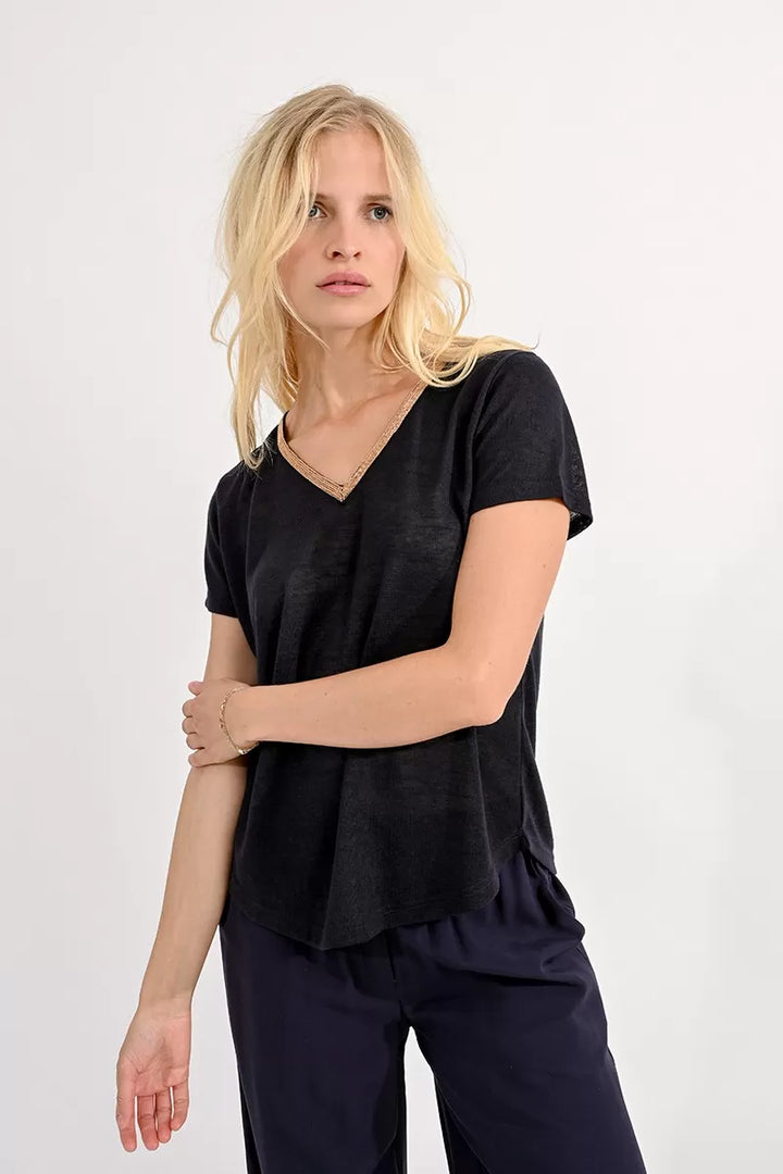 v neck navy tee with gold trim tres chic boutique molly bracken