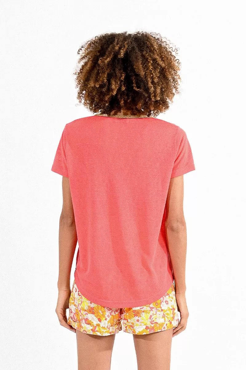 v neck coral tee with gold trim tres chic boutique molly bracken
