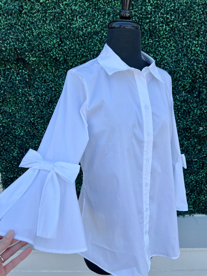 white Bow Bell Button down Blouse ravel 