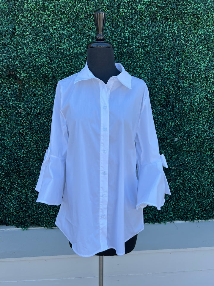 white Bow Bell Button down Blouse ravel womens boutique